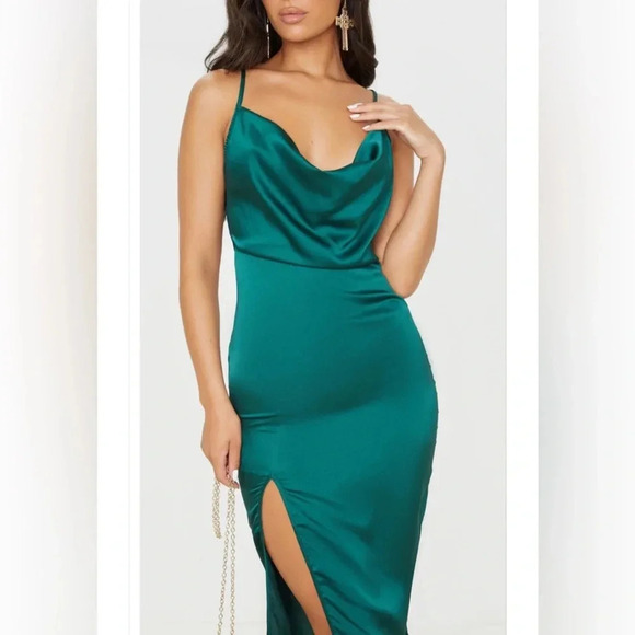 PrettyLittleThing Dresses & Skirts - Emerald Green Strappy Satin Cowl Midi Dress size 4 adjustable straps slip dress